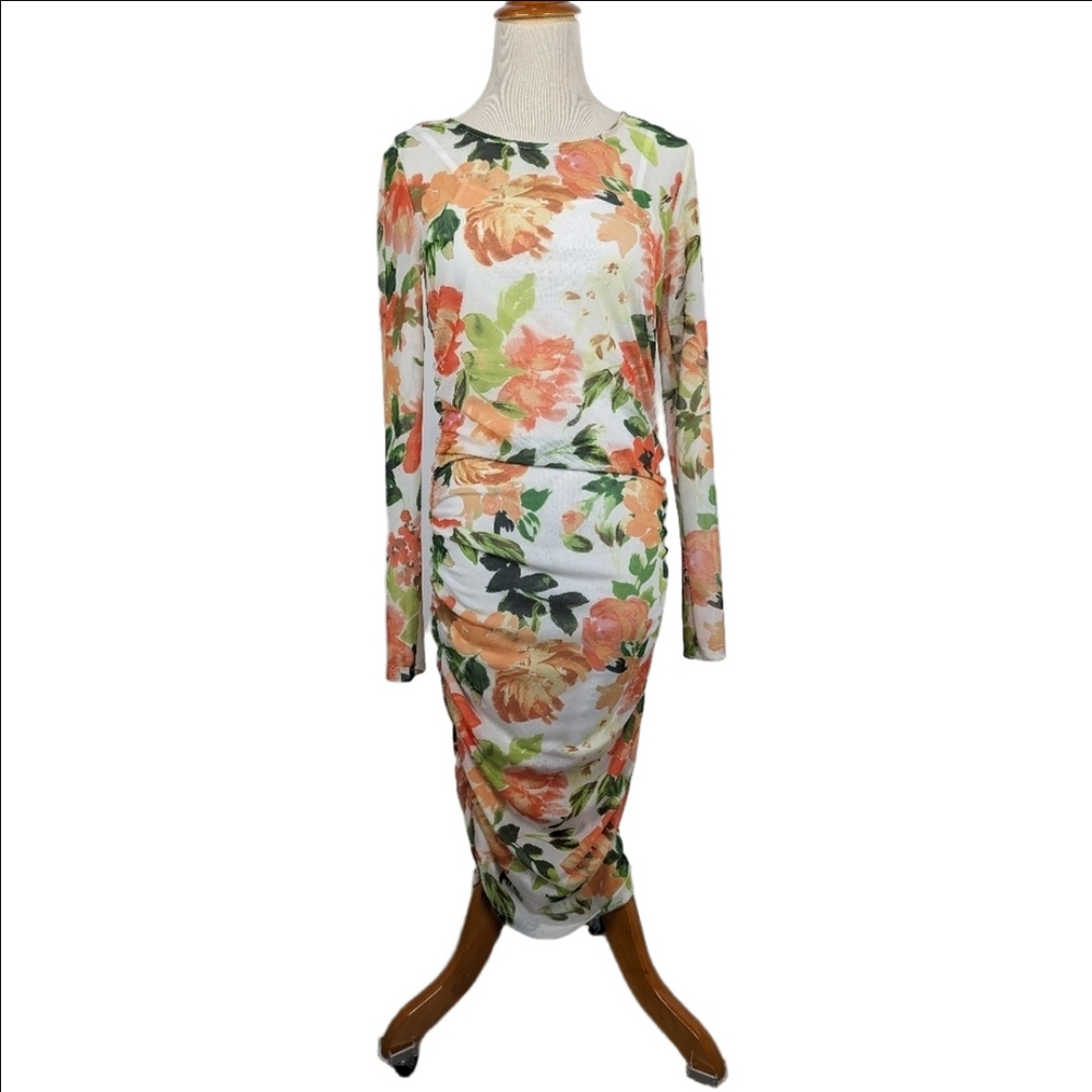NA-KD Women's Floral Sheer Mesh Dress Size Medium Ruched Long Sleeve